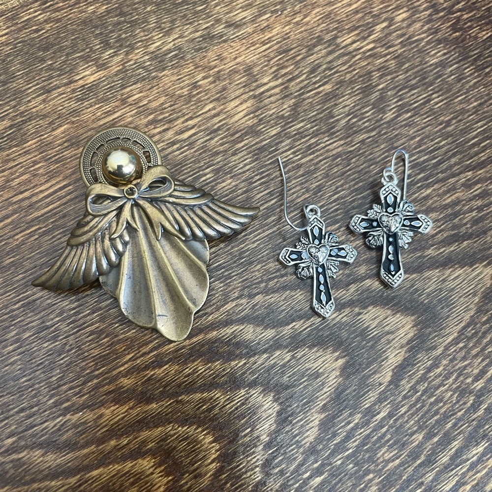 Gold Angel and Cross Jewelry Decor